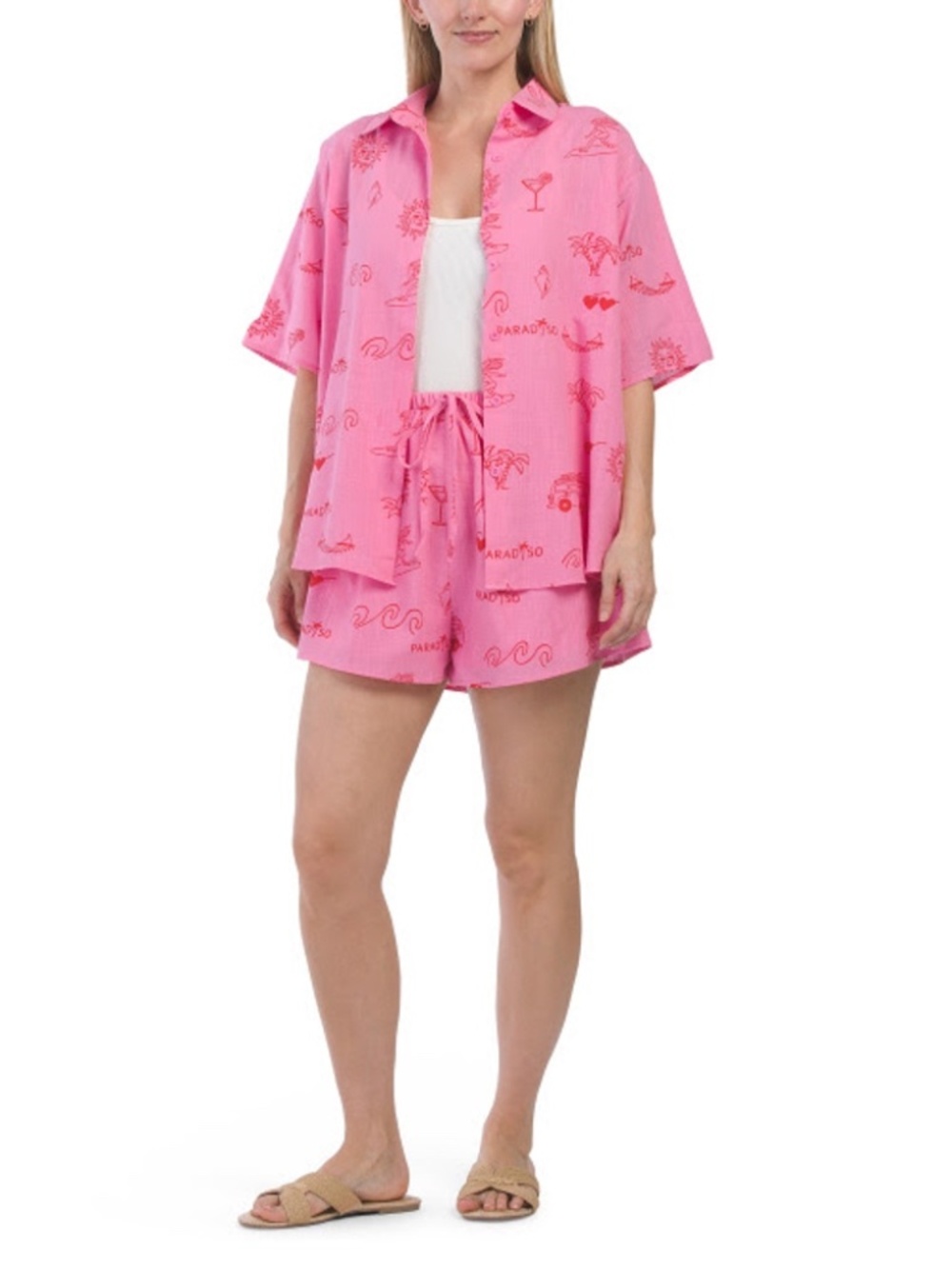 Women's Medium By Frankie Paradiso Wave 2 Piece Pink Cotton Short Set - NW